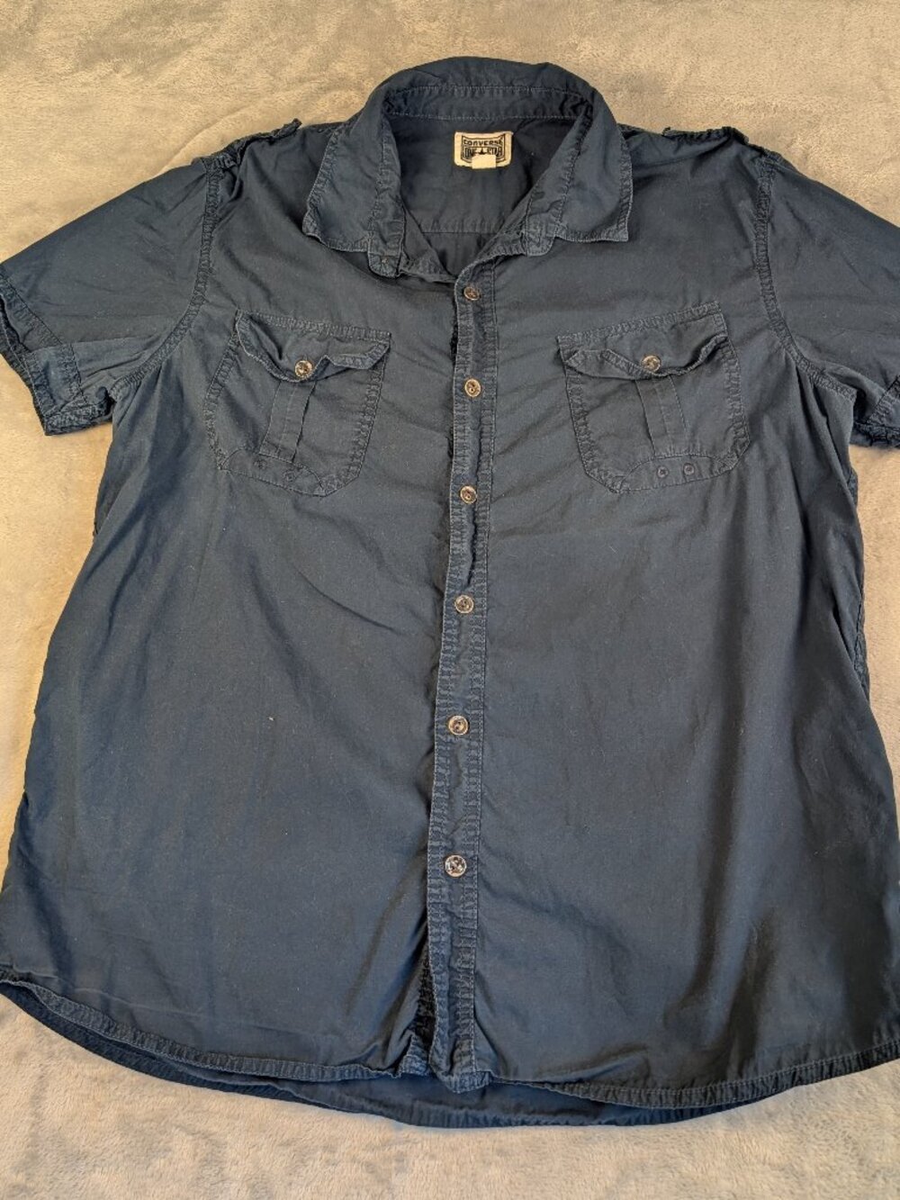 Converse One Star Men's Size XL Navy Short Sleeve Button Up Cotton Shirt Hiking
